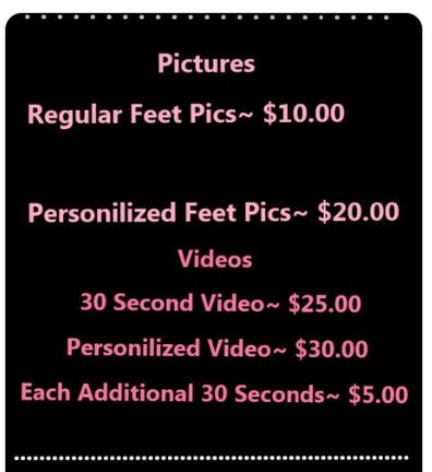 selling feet pics price list